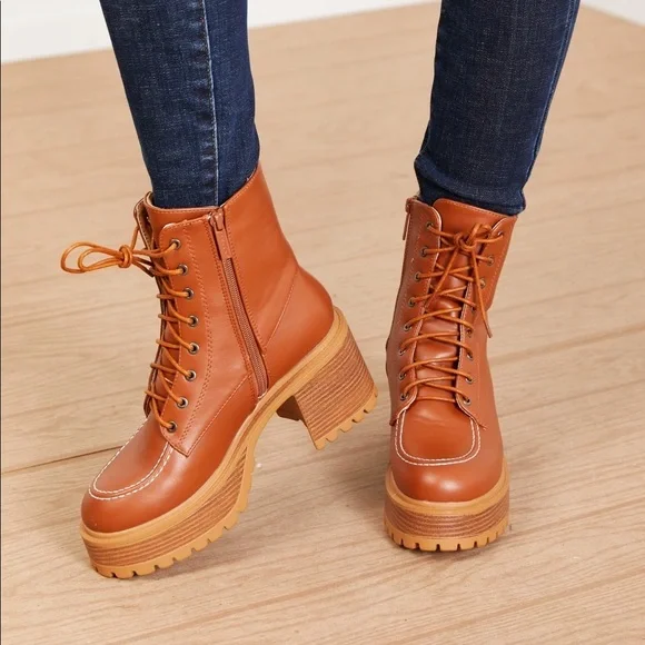 Lace Up Tan Platform Fall Boots - Picture 7 of 9